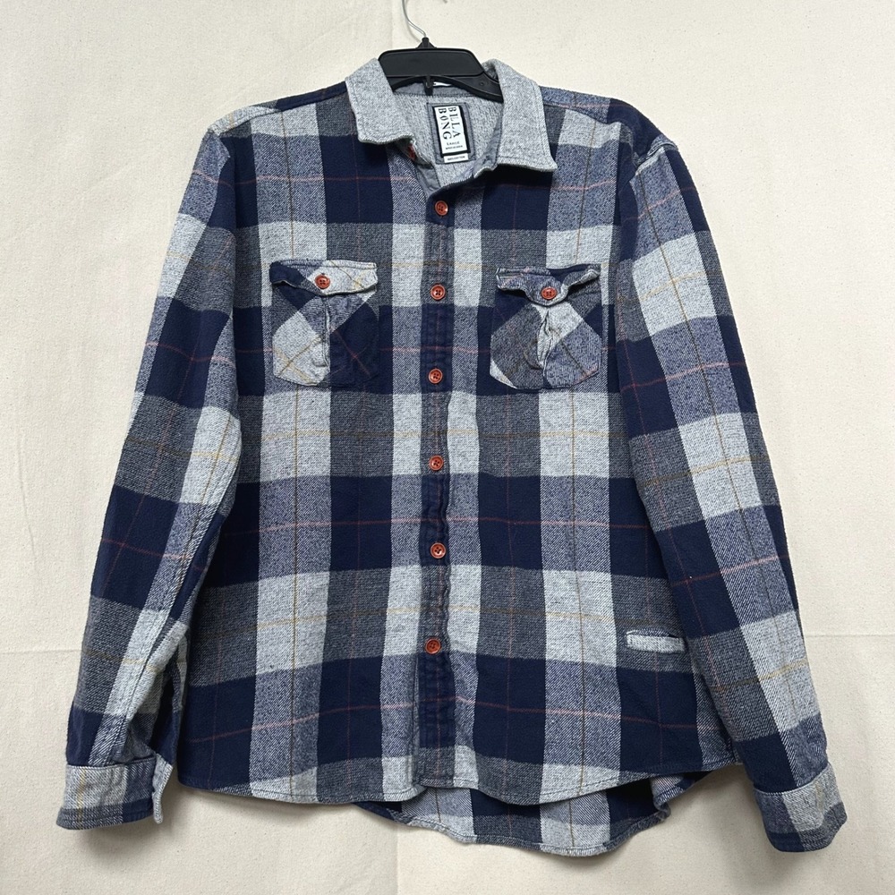 Y2K Billabong Rugged Cabincore Mens L Blue Grey Plaid Flannel Shirt Elbow Patch